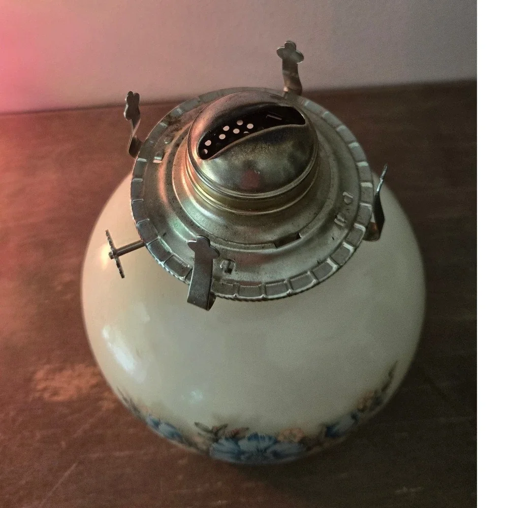 Vintage Lamplight Farms Oil Lamp Blue Floral Milk Glass Princess House Chimney